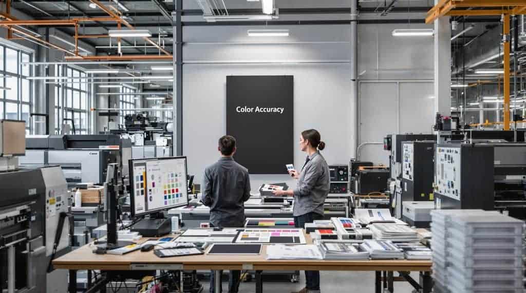 Printing facility workers reviewing print samples and color charts for accurate color management