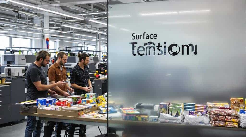 Technicians inspecting printed packages in a print shop, with 'Surface Tension' text on glass wall.