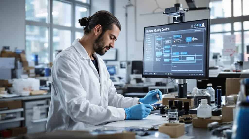 Technician uses dyne test pen in lab with 'Quality Control' shown on board