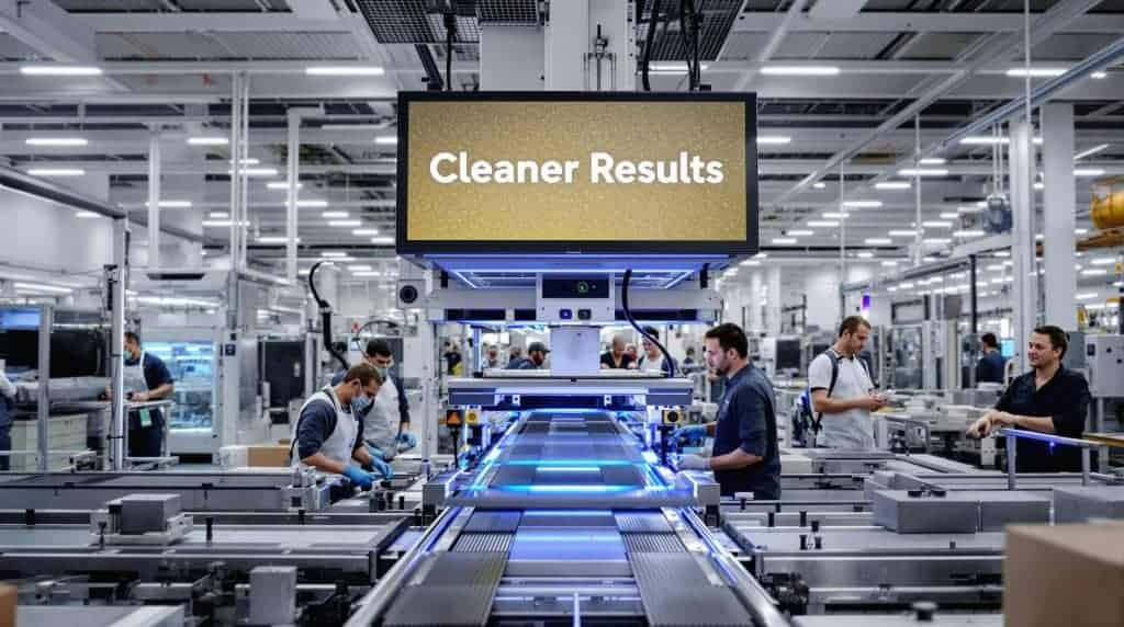 People working on a factory floor with UV curing equipment and a digital sign reading 'Cleaner Results'