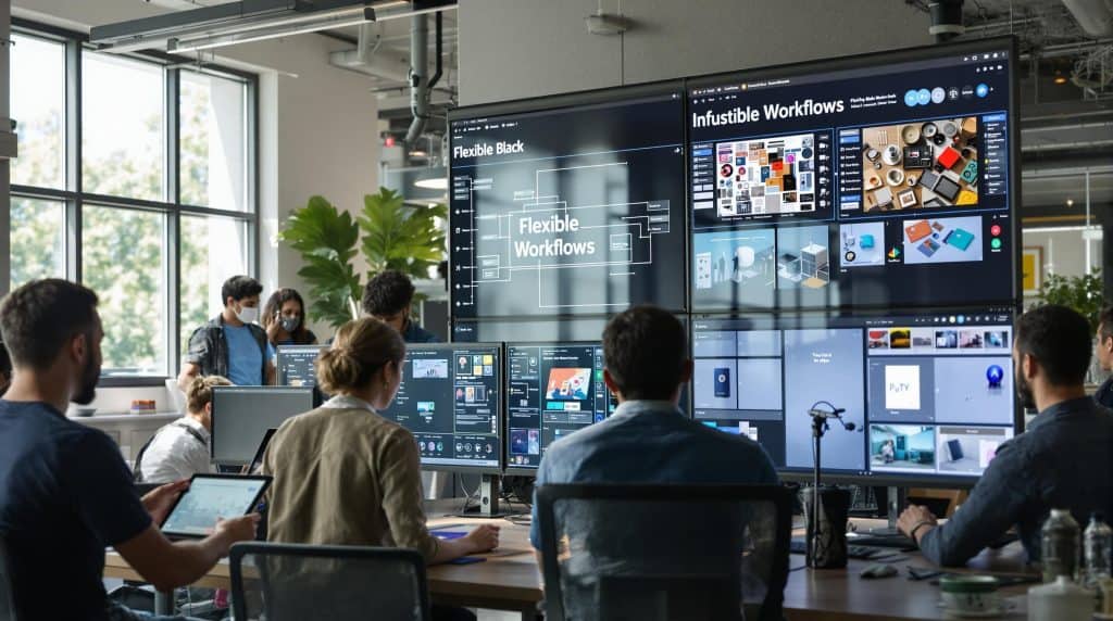 Designers collaborate in a bright studio with digital mockups and workflow screens.