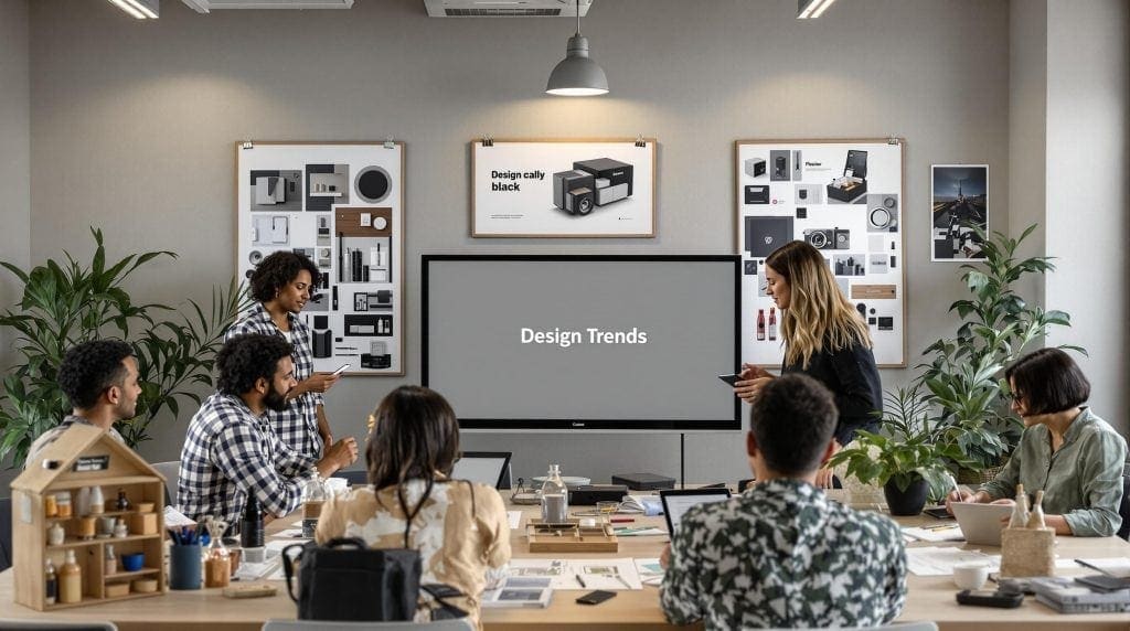 Designers collaborate in a studio on modern eco packaging; 'Design Trends' visible on screen